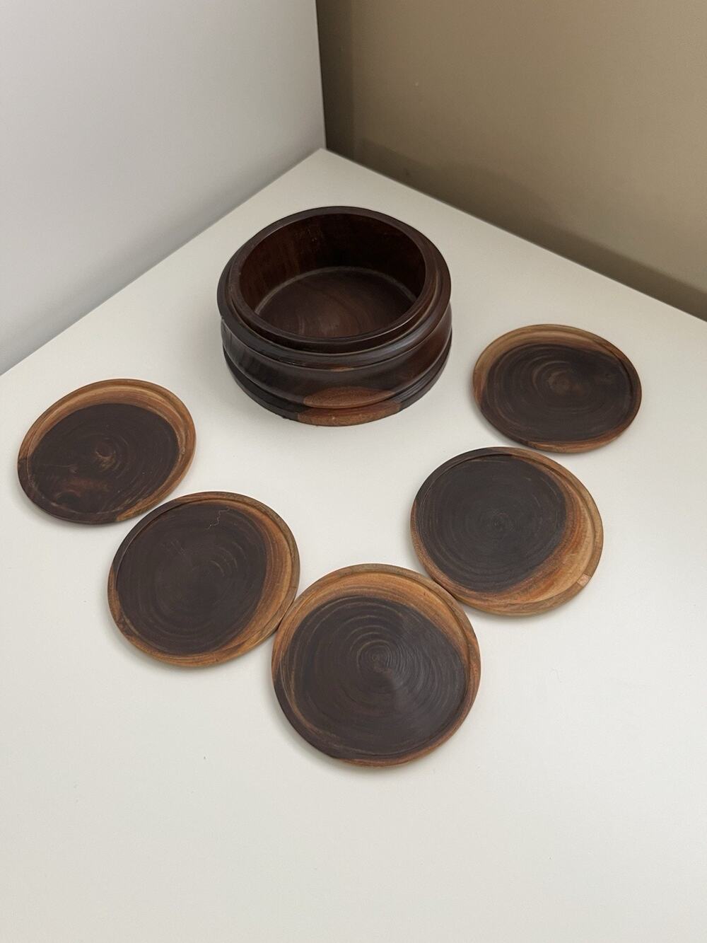 Vintage Round Wood Coaster Set 5 No Lid